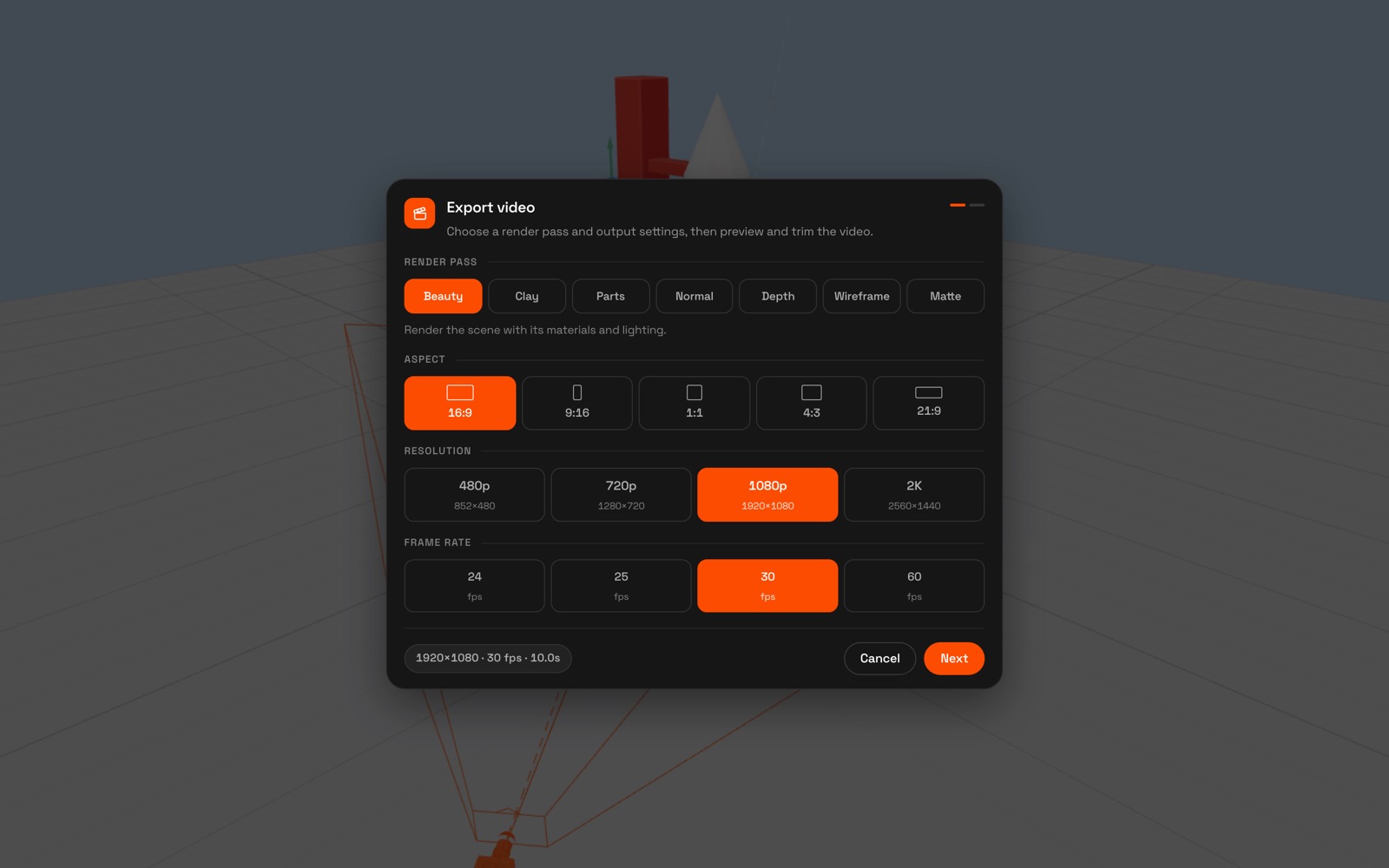The export dialog over the rocket and tower, with choices for pass, frame, resolution, and frame rate.
