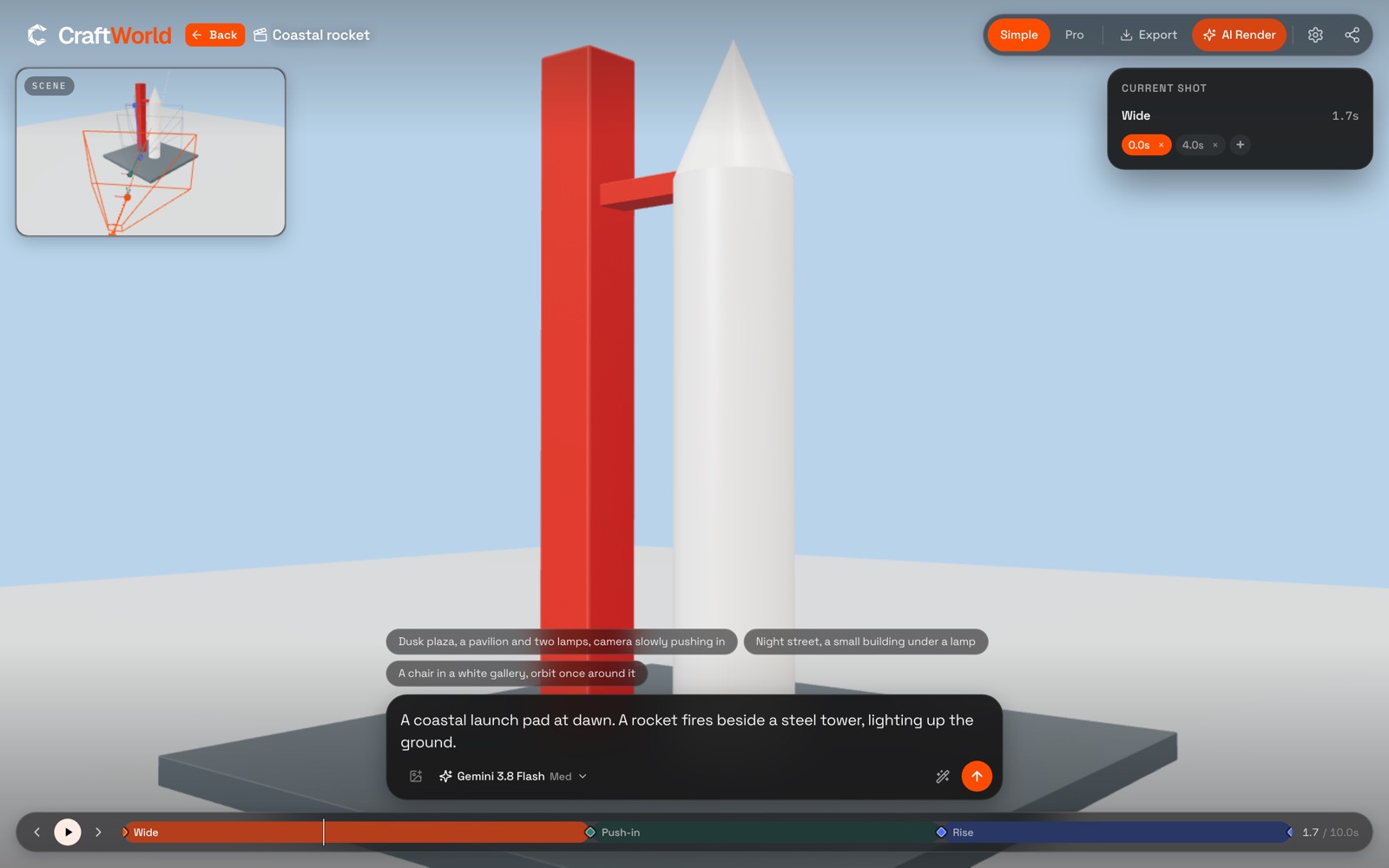 Simple mode: the shot looks at a white rocket and a red tower, with a scene window at the top left and the prompt and time bar below.