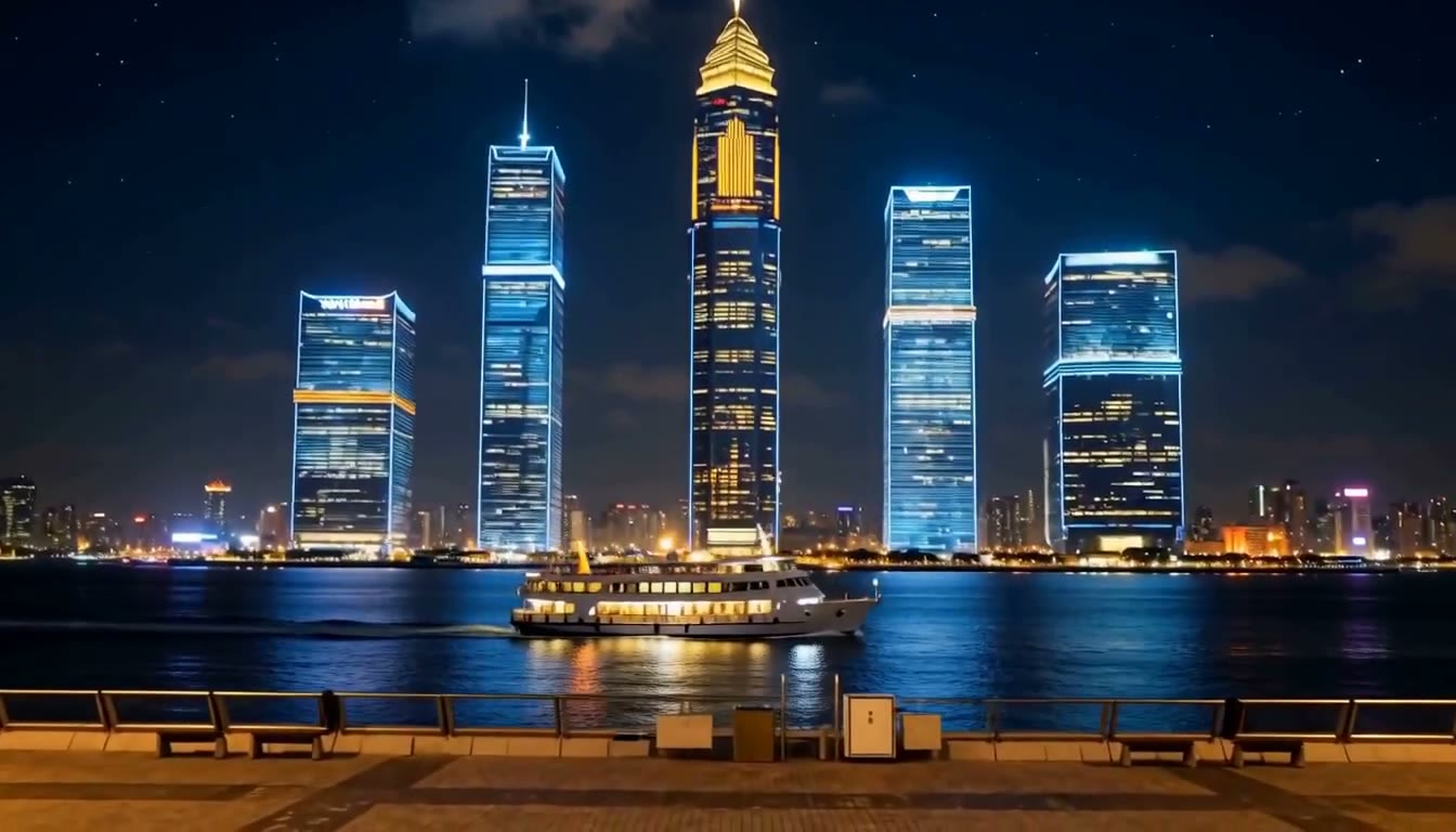 A night harbor with lit towers and a ferry