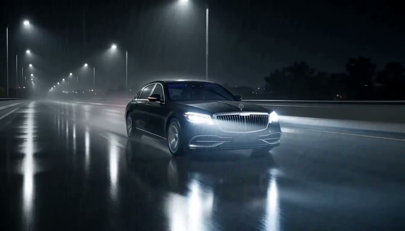 A black sedan on a highway in the rain at night