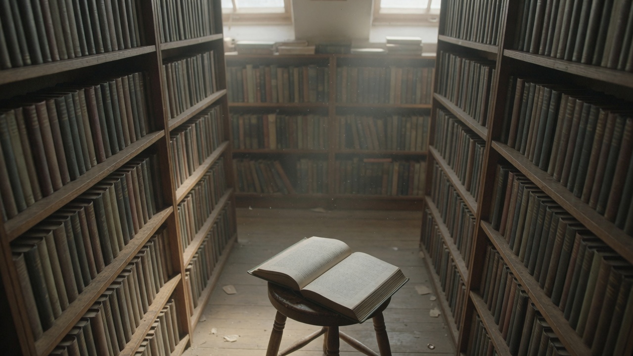 Daylight catches dust in a narrow bookstore aisle. The camera moves between the shelves and settles on an open book resting on a stool.