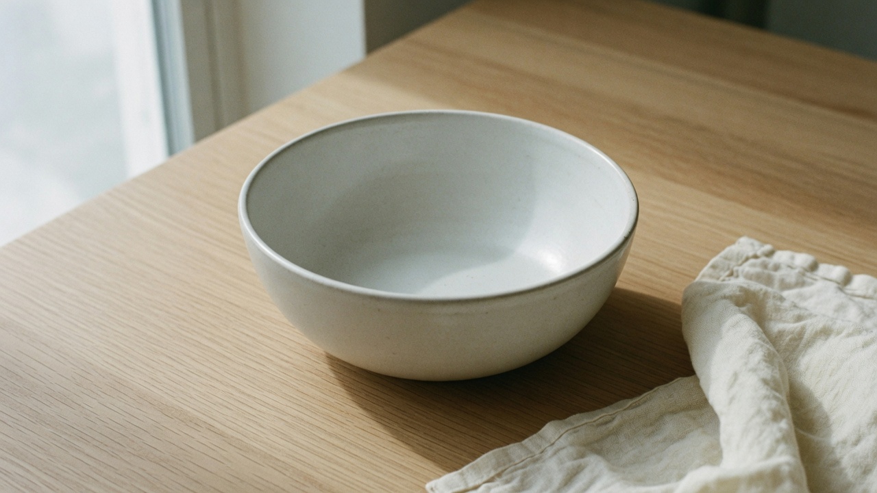 Side light traces the rim of a ceramic bowl, with a linen napkin just beyond the bright patch. A slow arc reveals the matte glaze and soft shadow on the table.