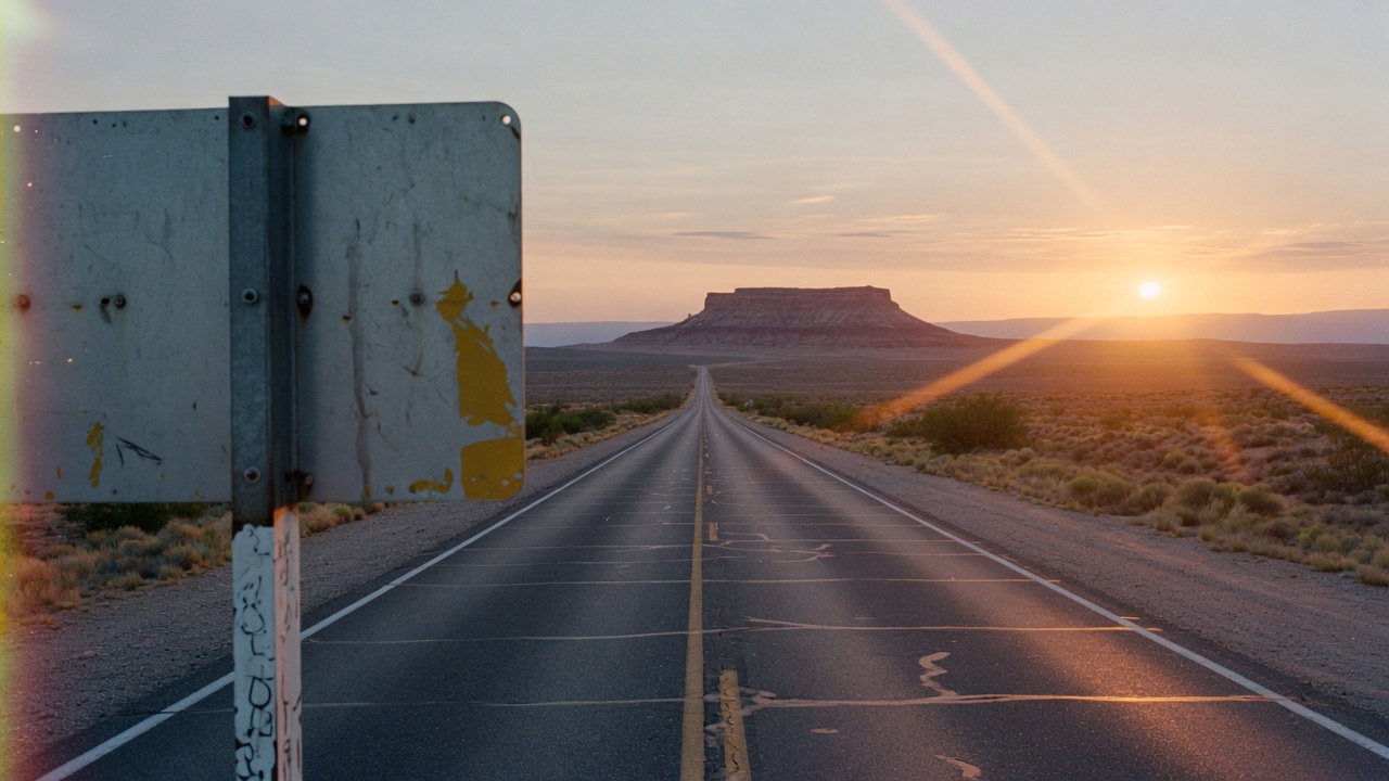 The shot begins on the back of a roadside sign. The camera slides past it to reveal an empty desert road stretching toward a distant mesa.