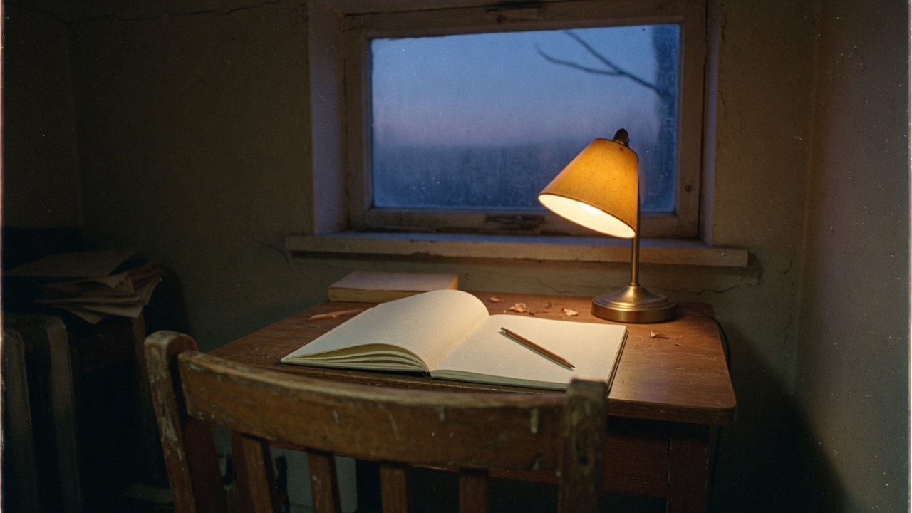 Cool dusk light fills the window while a desk lamp illuminates an open notebook. The camera pushes in from behind the empty chair.