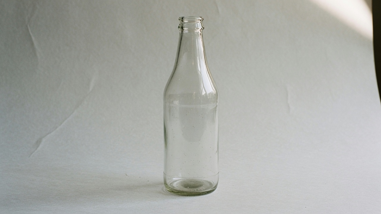 An unlabelled glass bottle stands against a pale gray backdrop. A half orbit carries the highlight across its neck and body.