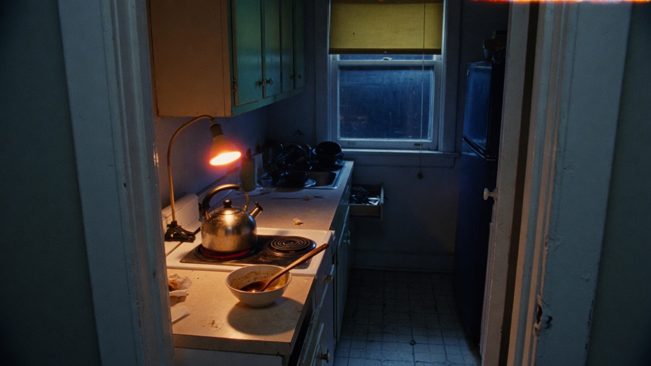 A single warm lamp picks out the kettle in an otherwise dark kitchen. The camera slowly pushes in from the doorway.