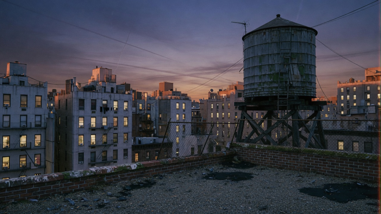 Warm windows light up beyond a gravel rooftop. The camera arcs slowly around a water tower, opening out to the city skyline.