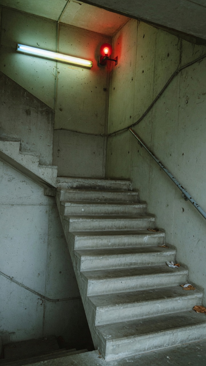 Concrete steps, a metal handrail, and a cold fluorescent light. A gently swaying handheld move climbs from the foot of the stairs to the landing door.