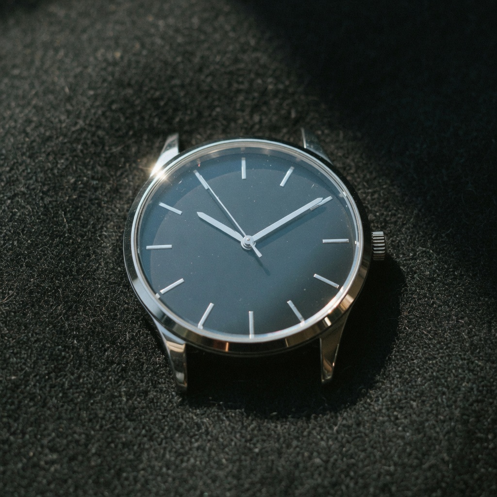 A wristwatch rests on black wool, its case defined by a single hard light. The camera pushes in until the dial and hands fill the frame.